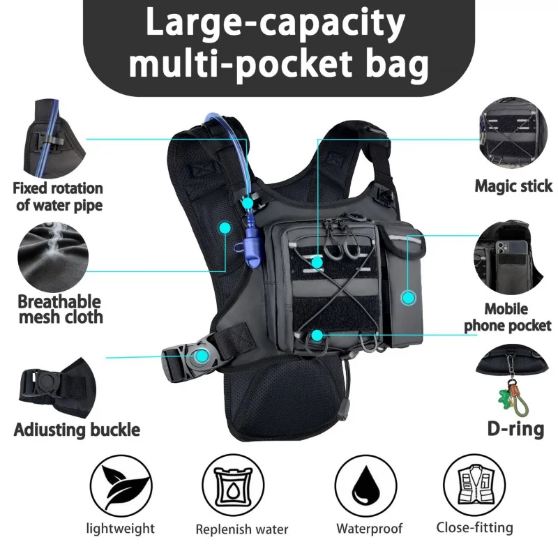 Reflective Vest Cycling - ​ 高品質タクティカルベストチェストバッグ、2Lウォーターブラダー付き、軽量調整可能ギアホルスター反射バッグ、ランニングサイクリング用
